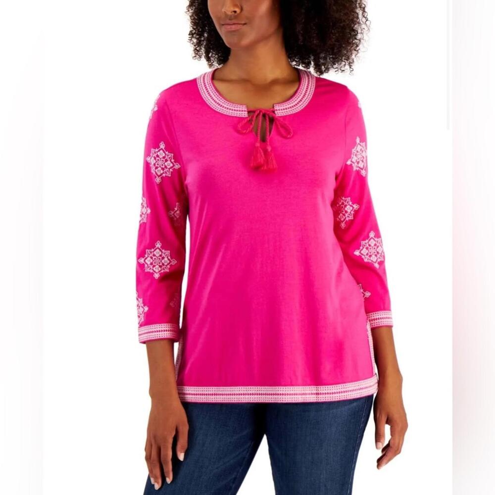 NWT Charter Club Petite Embroidered Tie-Neck Top $69.50